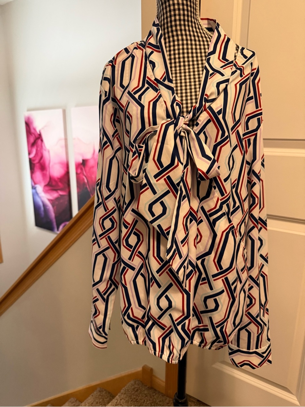 Women's Bow-Tie Geo Print Blouse - White, Navy & Red